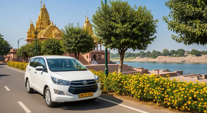 A spacious silver sedan and white SUV ready for outstation travel on a historic Ujjain street, featuring ornate Harsiddhi Temple architecture and calm Shipra River views, with yellow marigolds and green foliage along the path, bright afternoon sun, representing affordable and professional Ujjain taxi service.