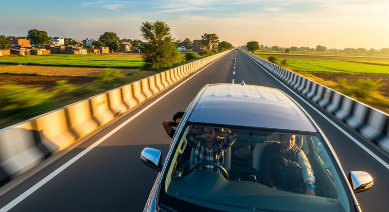 A clean hatchback taxi arrives at Bhopal’s Upper Lake, travelers stepping out refreshed near calm waters and historic architecture, capturing the safe and affordable end of a Ujjain to Bhopal Taxi trip.