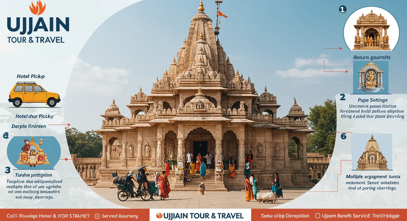 Step-by-step pilgrimage journey infographic showing: ujjain mahakal darshan timings