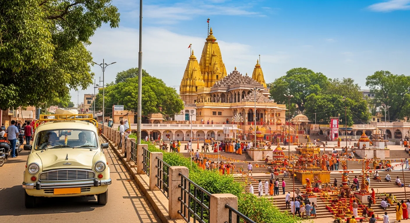 A lively scene of Ujjain Sightseeing by Car featuring ornate Harsiddhi and Kal Bhairav temples, ancient Jantar Mantar observatory, elegant Kaliadeh Palace by the river, traditional pilgrims in colorful attire, wooden boats, and radiant sunlight.