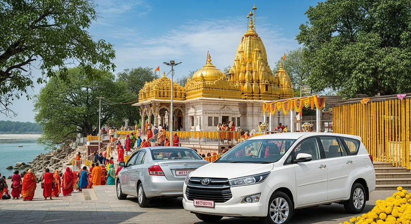 A white Toyota Innova taxi parked near the golden spires of Mahakaleshwar Temple in Ujjain, with the serene Shipra River and stone ghats in the background, lush green trees lining the riverside, and a clear blue sky overhead, representing reliable cab service in Ujjain.