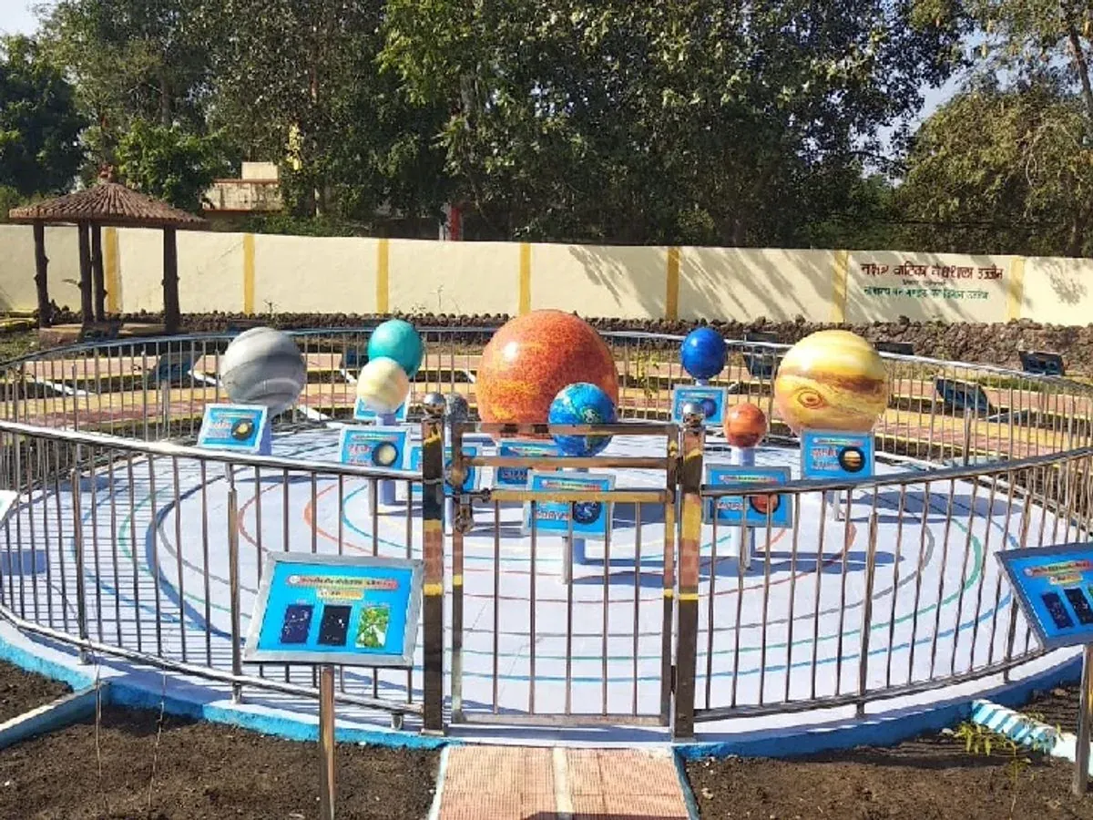 Solar system model display with planetary installations in an educational science park in India