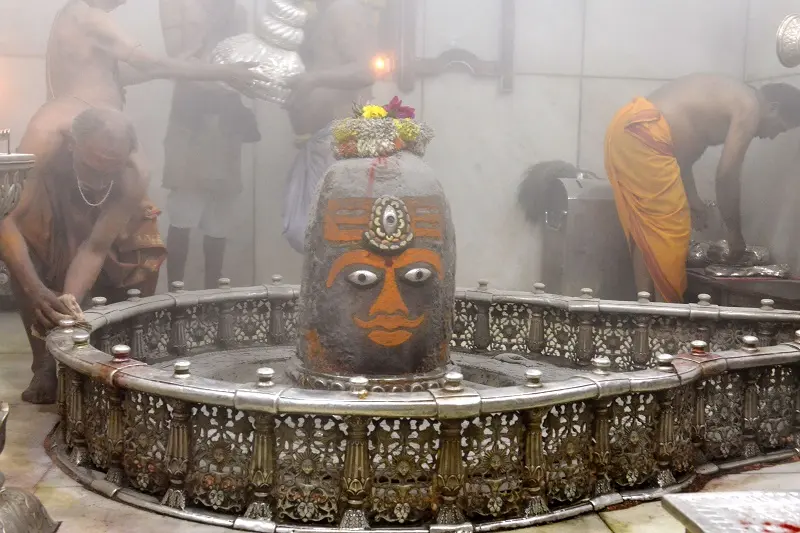 Sacred Shiva Lingam at Mahakaleshwar Temple in Ujjain adorned with sandalwood paste and flowers during early morning rituals, with priests in traditional attire performing abhishekam in a mist-filled sanctum.